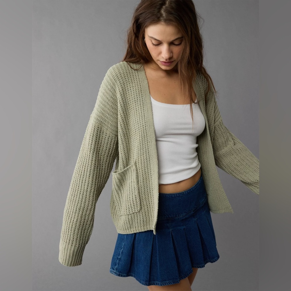 American Eagle Outfitters Women's Sage/Olive Green Cardigan